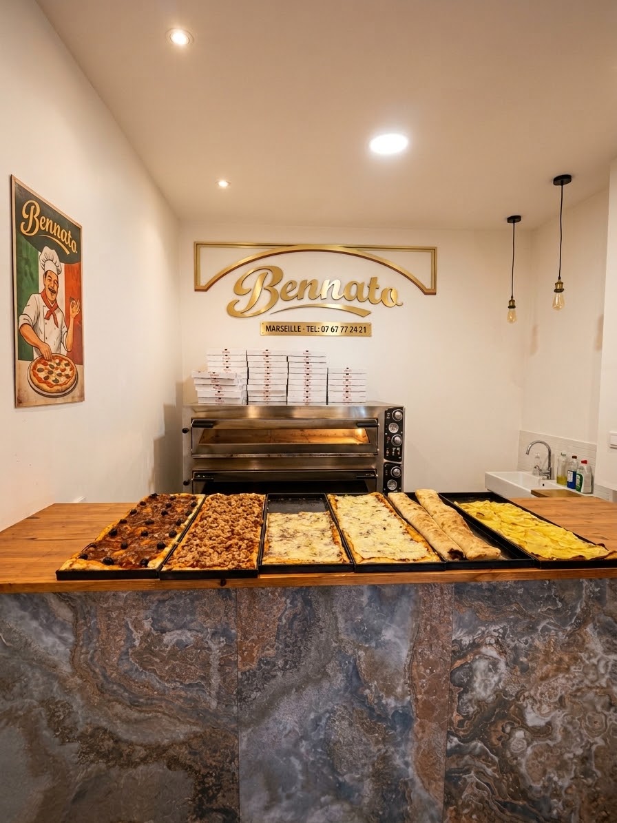 Les pizzas al taglio de Bennato présentées au comptoir de la pizzeria à Marseille